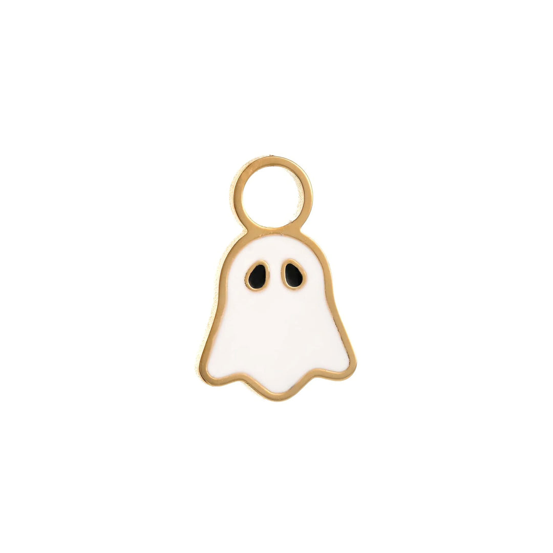 Ghost-shaped charm with gold outline on a white background