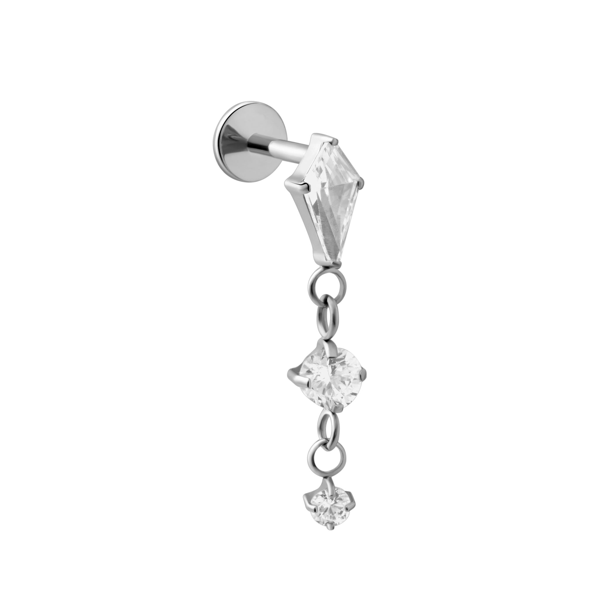 Silver dangle flat back stud earring with 3 clear gemstones, connected on a chain on a white background