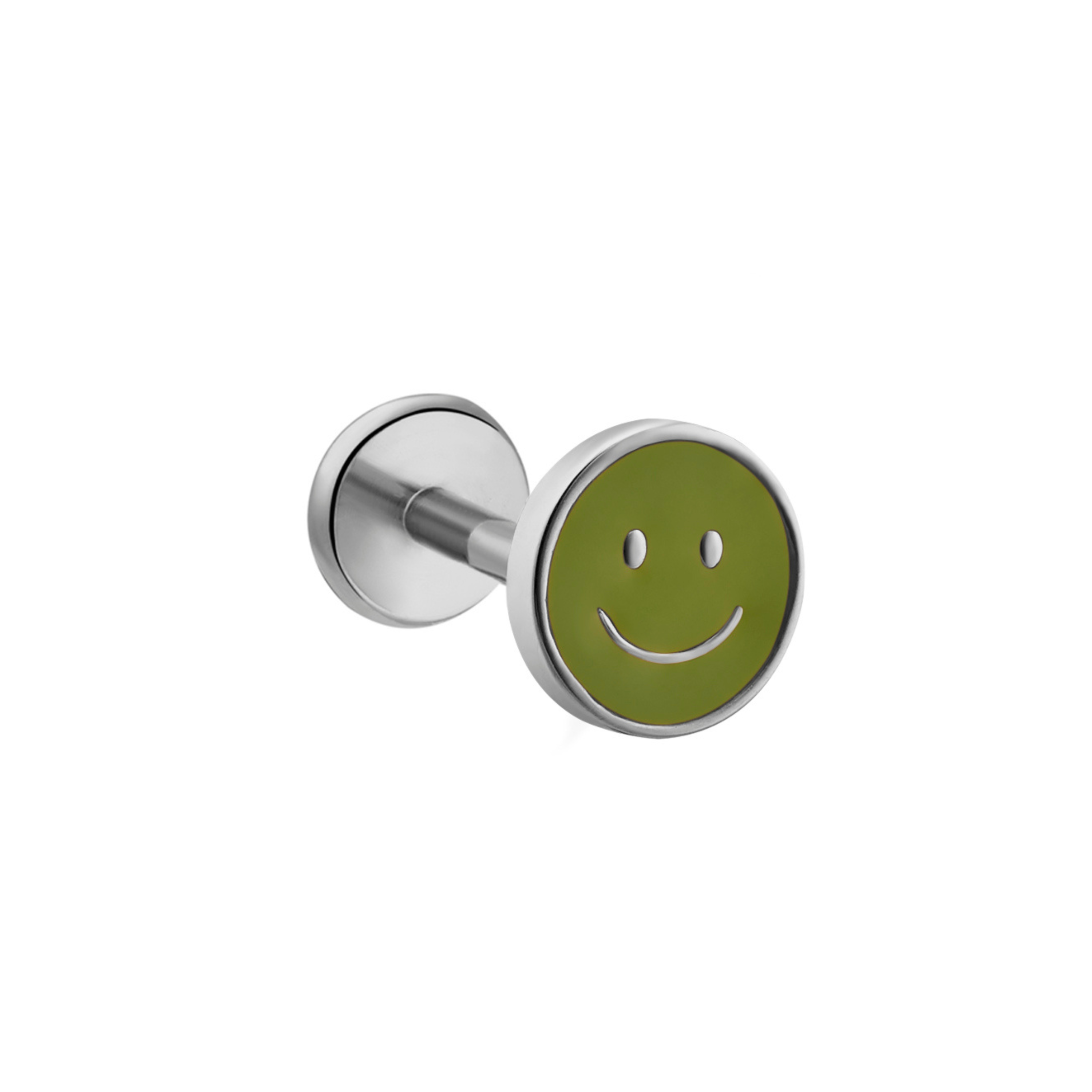 A silver-toned circular enamel flat back stud with a green smiley face insert, shown against a plain white background.