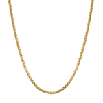A gold chain necklace with a classic box link design, displayed in a U-shape against a solid white background.
