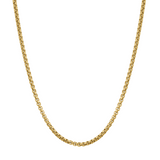 A gold chain necklace with a classic box link design, displayed in a U-shape against a solid white background.