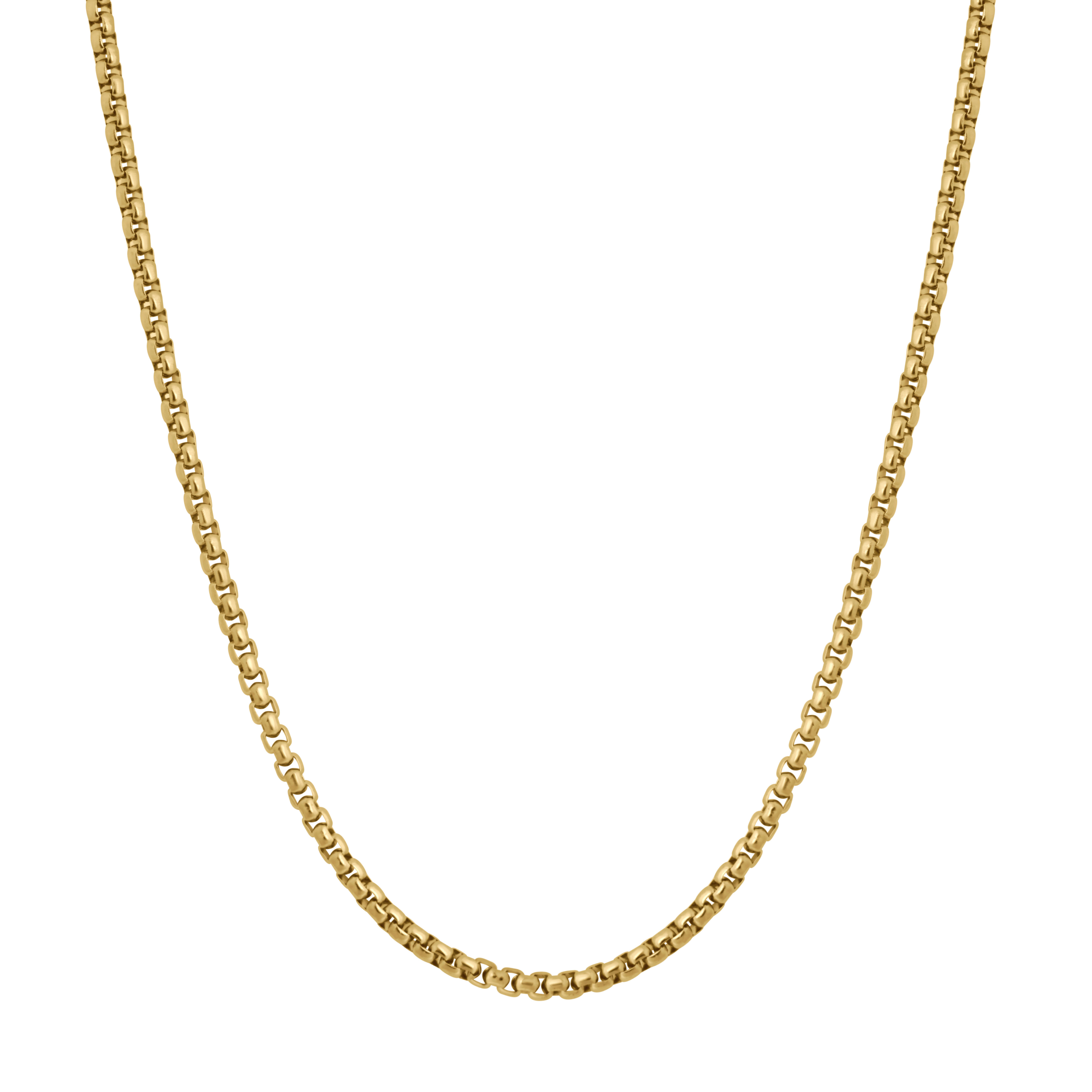 A gold chain necklace with a classic box link design, displayed in a U-shape against a solid white background.