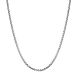 A silver-toned metal chain necklace with a classic box link design, displayed in a U-shape against a solid white background.