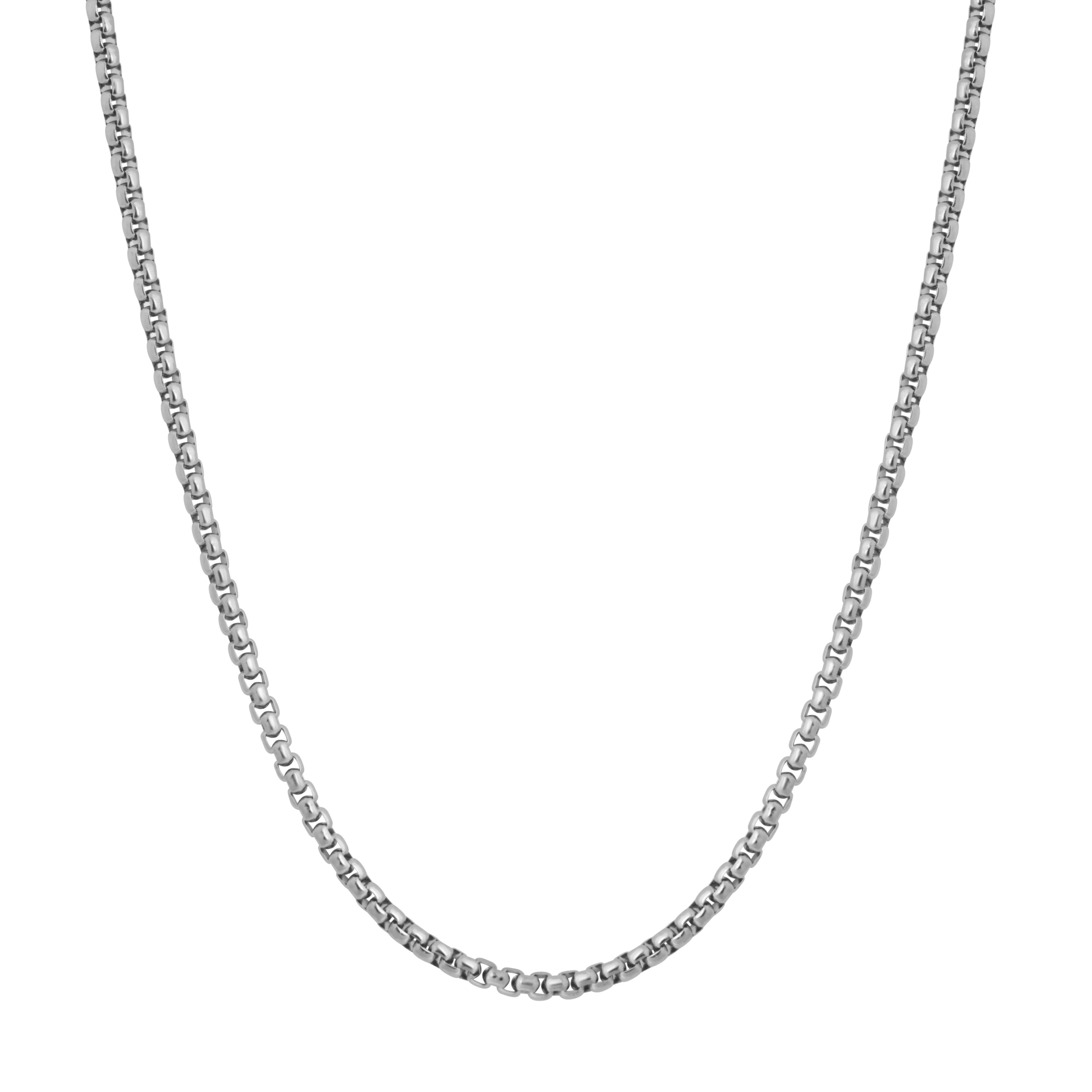 A silver-toned metal chain necklace with a classic box link design, displayed in a U-shape against a solid white background.