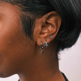 Close-up of an ear with earrings against a neutral background