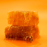 Close up of a model wearing a hoop earring made from stacked hexagon shapes with a honey colored zirconia stone set into every other hexagon shape. Hoop made from 18k gold-plated 316L Surgical Steel, ,with a honey-colored zirconia stone, sitting next to honeycomb and in a pool of honey, against a warm yellow-orange background