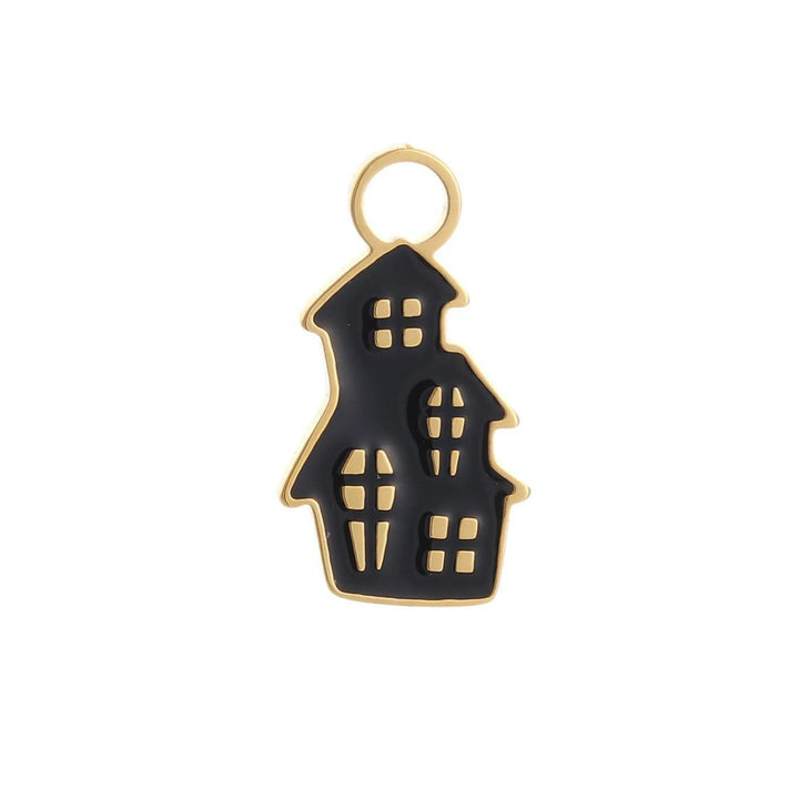Black and gold haunted house-shaped charm on a white background