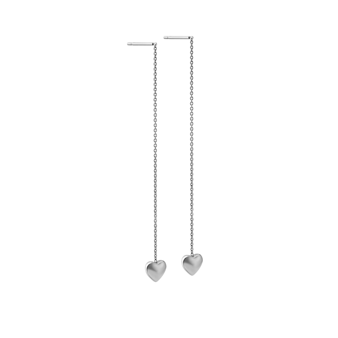 Silver heart-shaped threader earrings on a white background