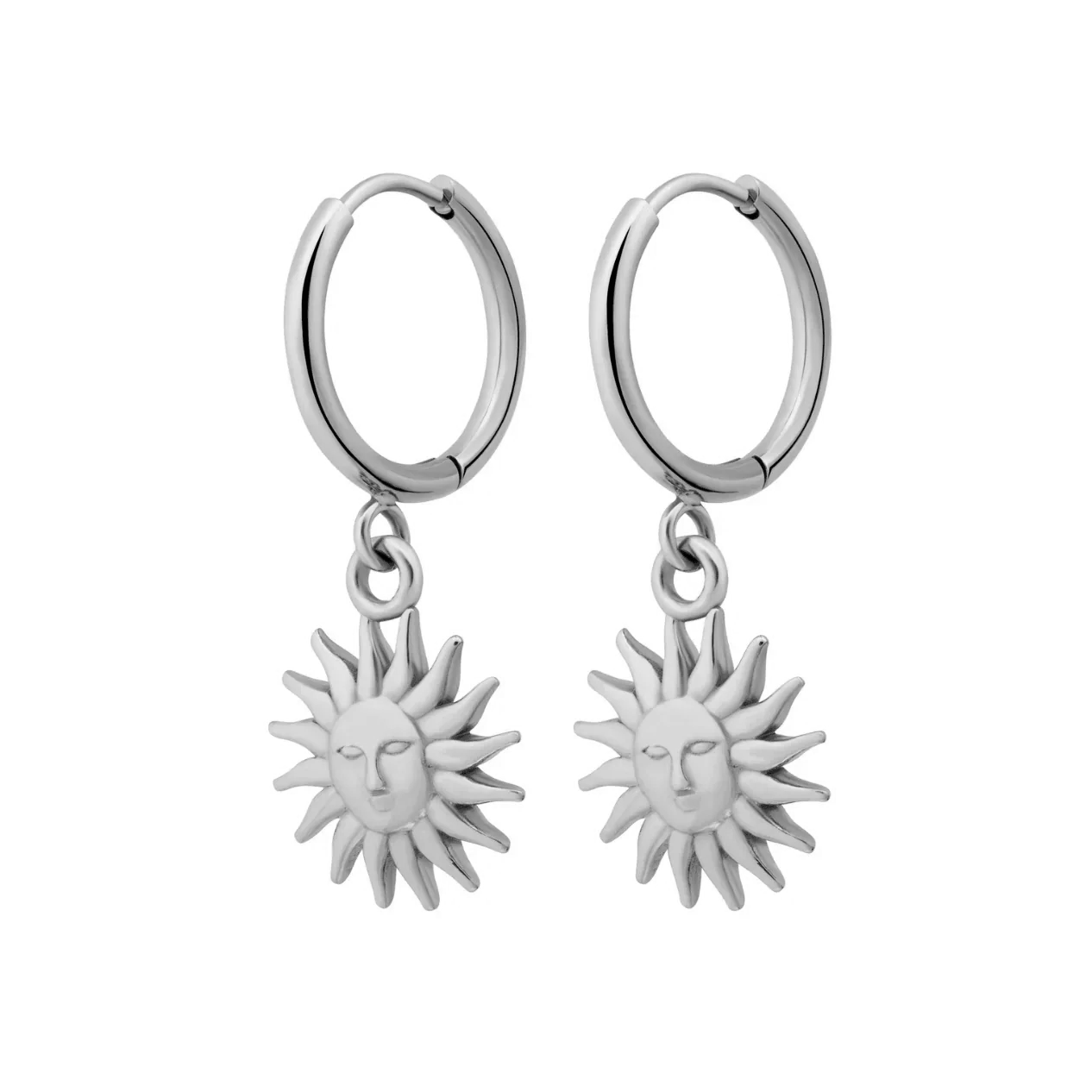 Silver hoop earrings with sun-shaped charms on a white background