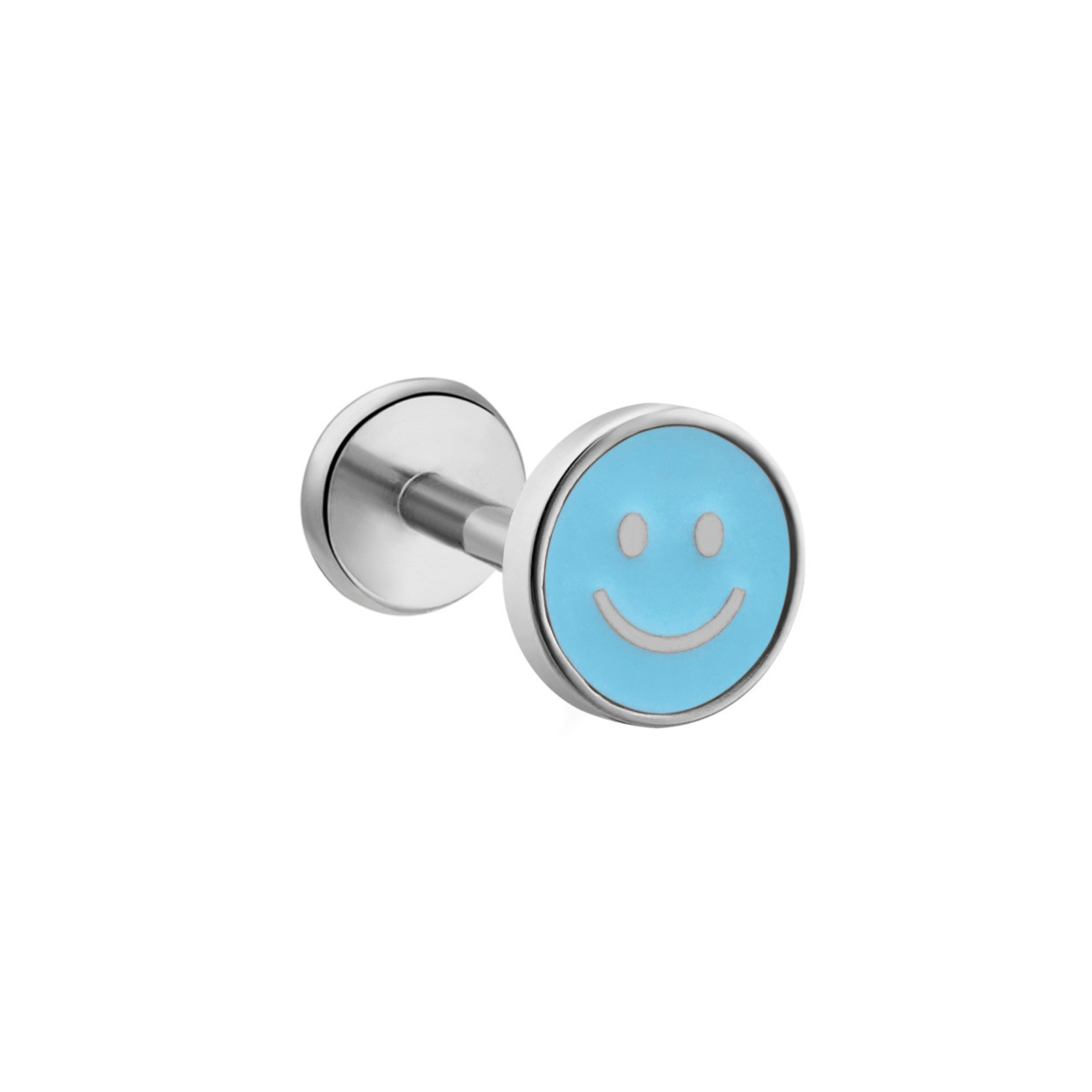 A silver-toned titanium flat back stud earring featuring a circular light blue faceplate with a minimalist smiley face design.