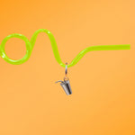 Green curly straw against a bright orange background, with a silver hoop with a silver metal, 3D fountain drink can charm.