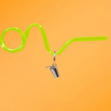 Green curly straw against a bright orange background, with a silver hoop with a silver metal, 3D fountain drink can charm.