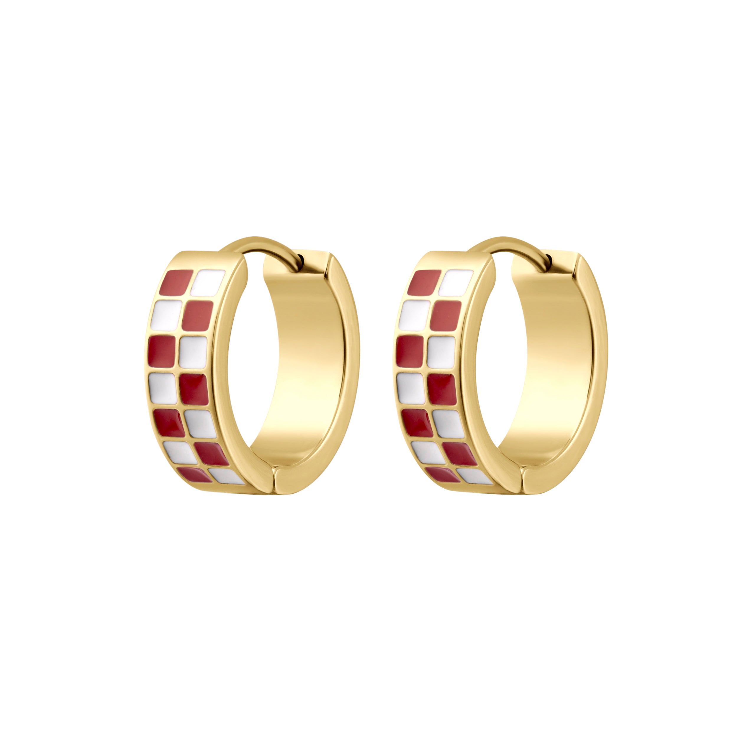 A pair of gold huggie hoop earrings with a checkered red and white enamel pattern, shown on a plain white background.