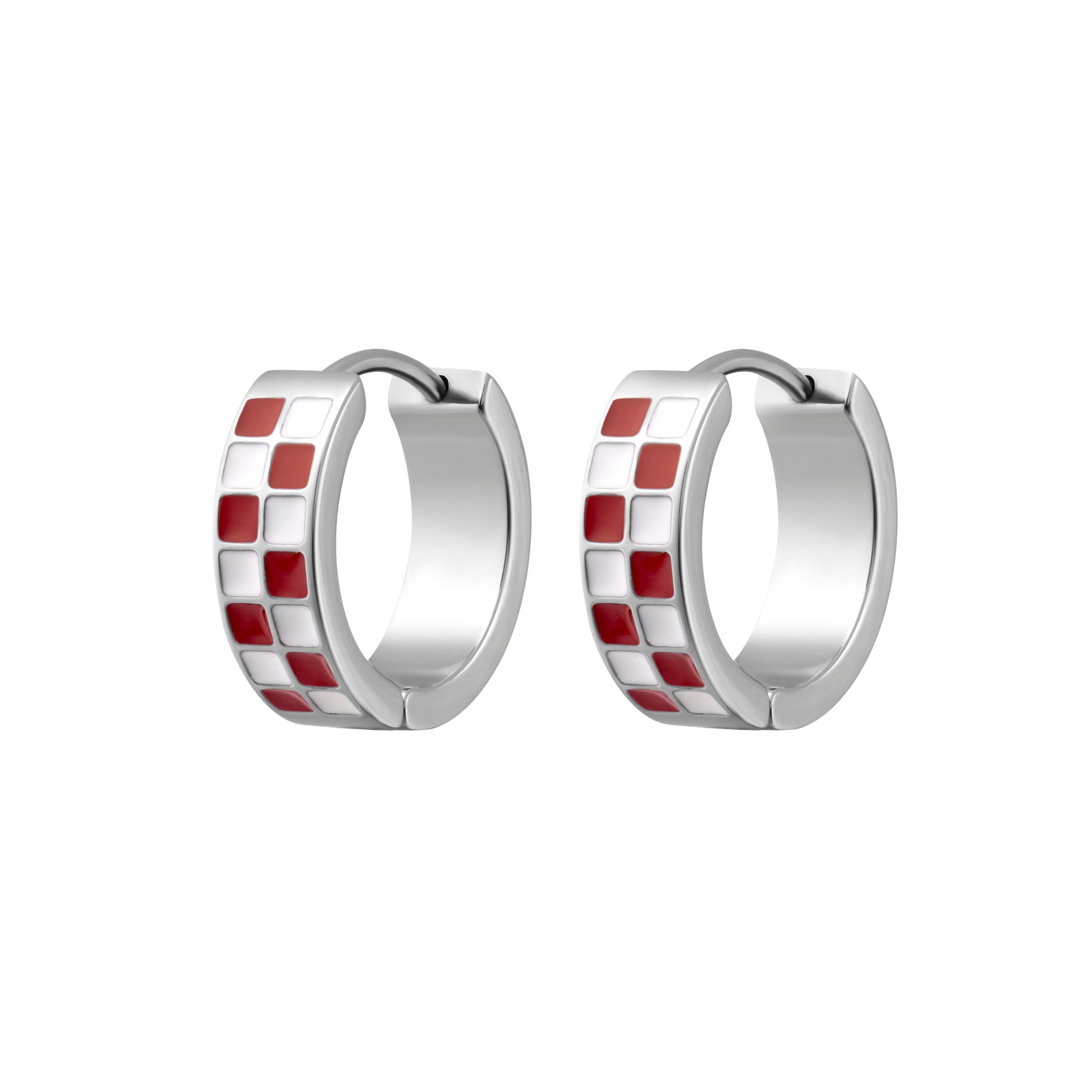 A pair of silver huggie hoop earrings with a checkered pattern of red and white enamel squares, shown on a plain white background.
