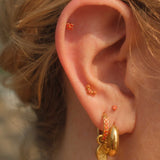 Close-up of an ear with gold earrings and small orange studs against a blurred natural background
