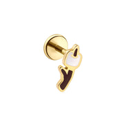 Gold-colored flat back stud earring with a brown and white enamel design that looks like a marshmallow on a stick, on a white background
