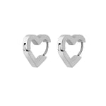 Silver heart-shaped hoop earrings on a white background