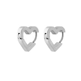 Silver heart-shaped hoop earrings on a white background