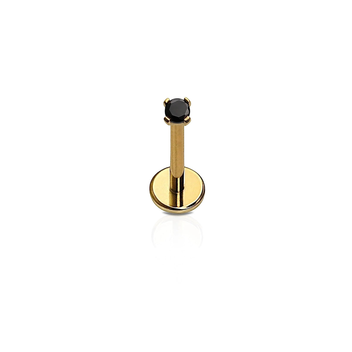 A single flat back stud with a black gem, attached to a gold-colored titanium post, against a white background.