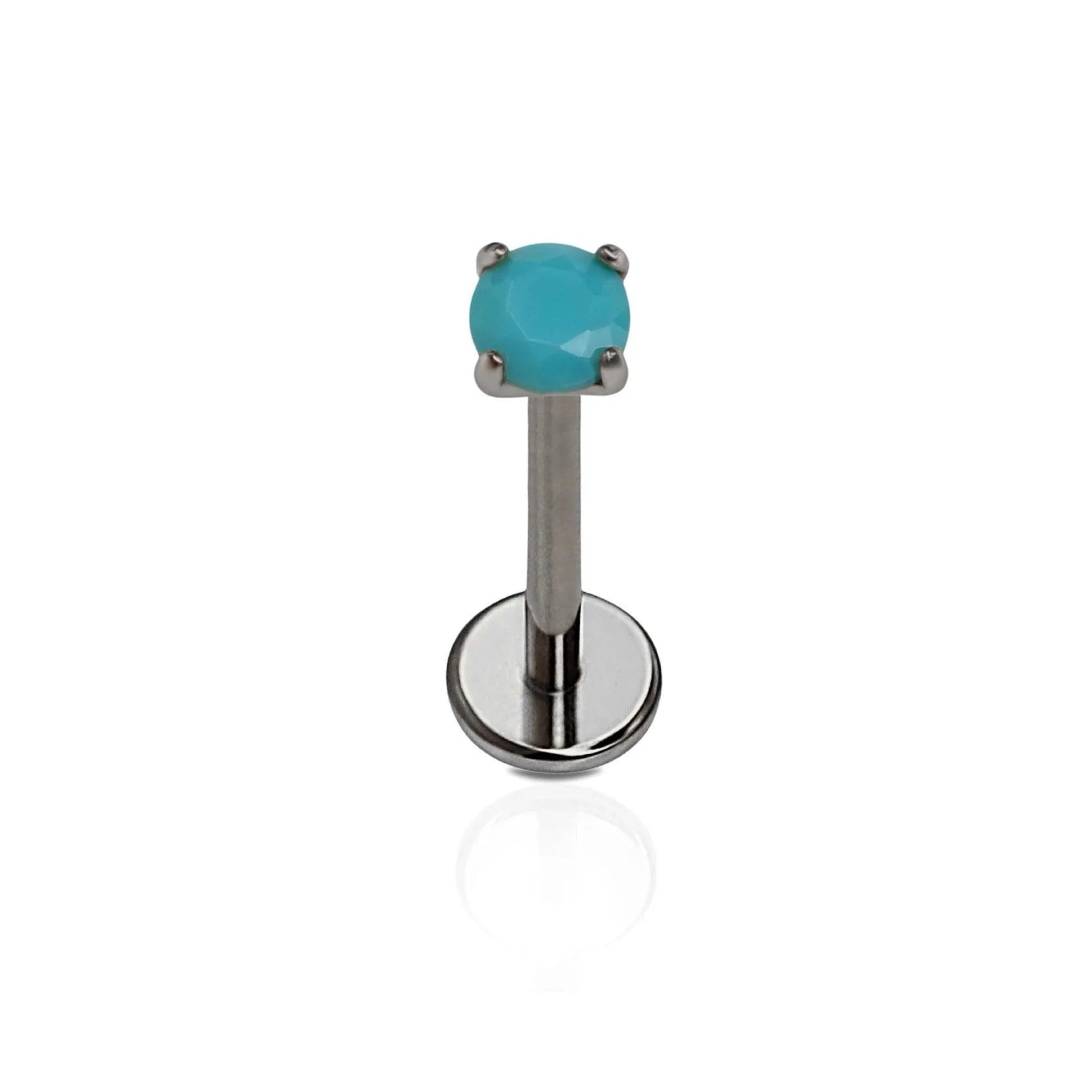 Polished titanium flat back stud with a prong-set turquoise-colored CZ on a white background.