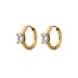 Gold hoop earrings with clear gemstones on a white background
