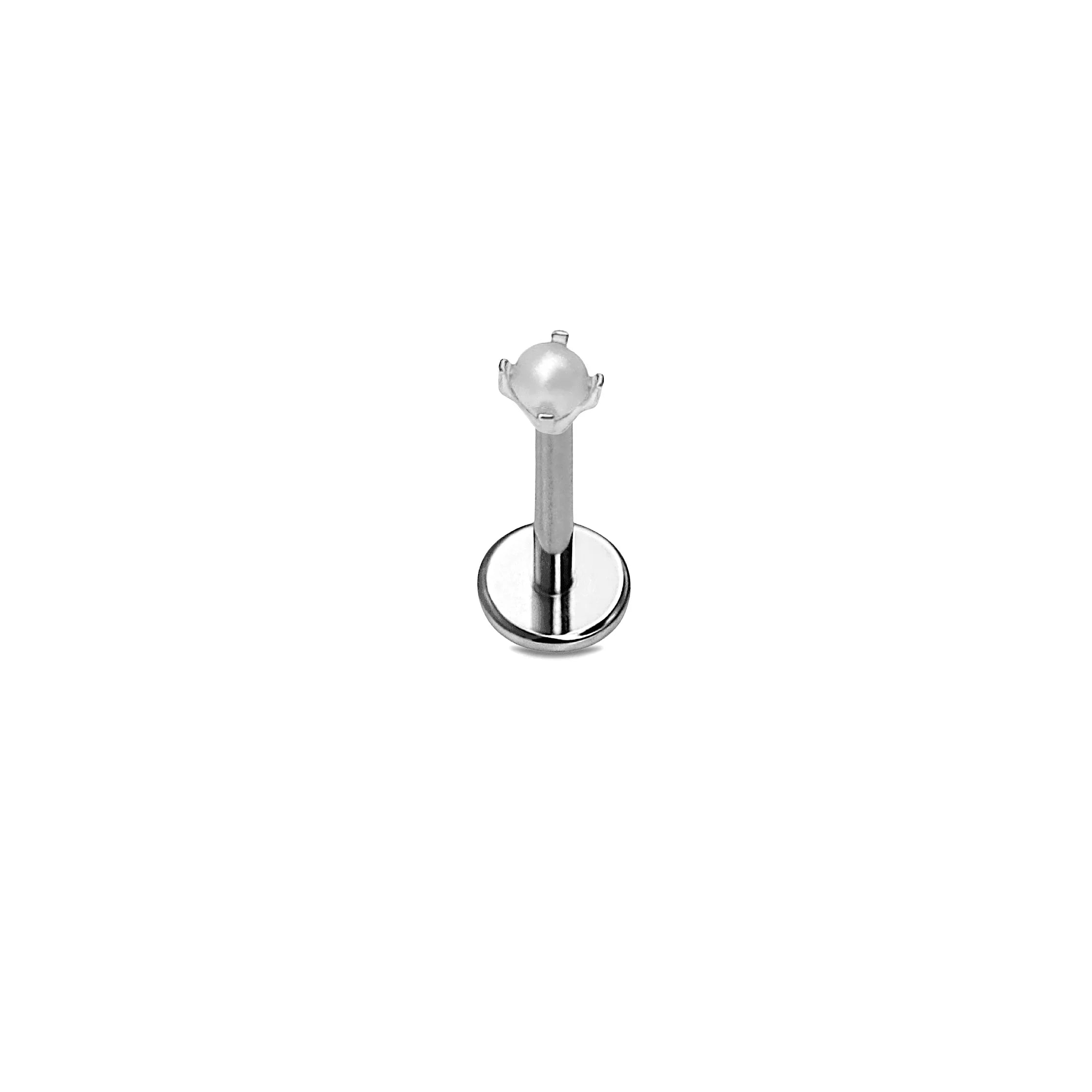 Silver flat back stud with a synthetic, prong-set pearl on a white background