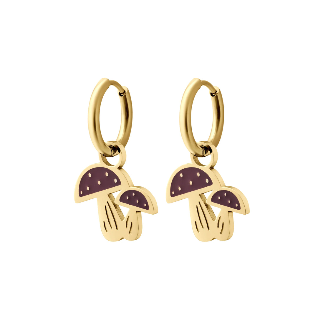 Gold mushroom-shaped earrings on a white background