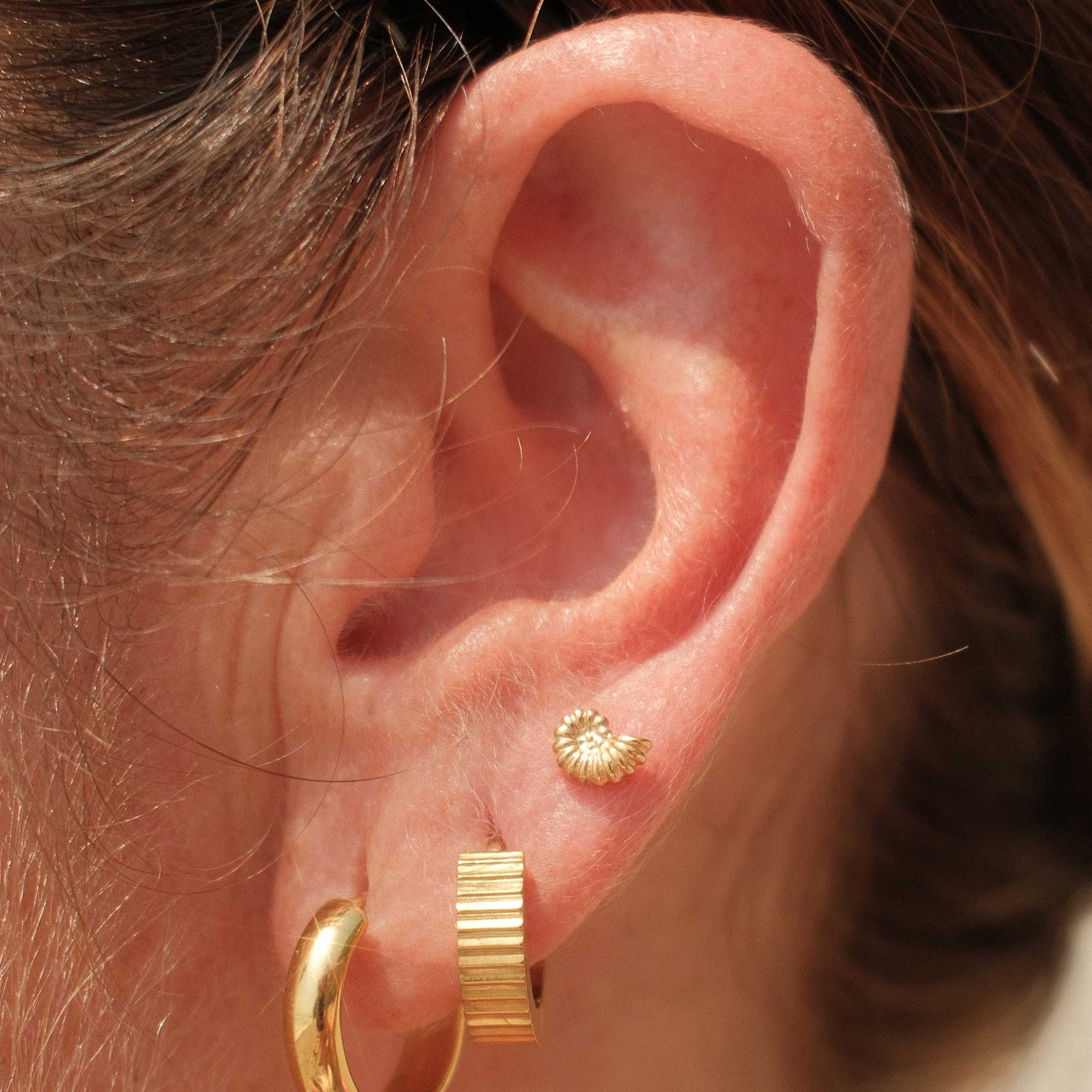 Close-up of an ear wearing gold hoop earrings with a blurred background