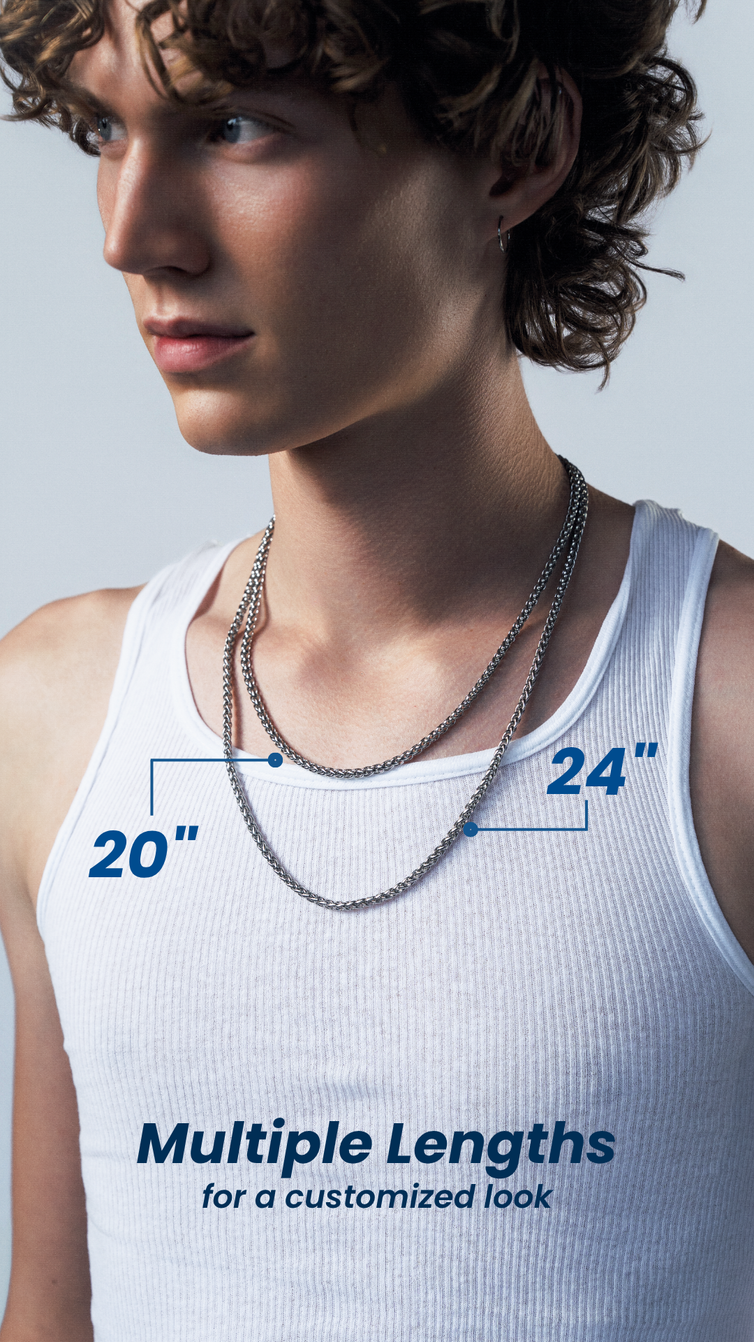 A close-up of a man wearing a silver chain necklace layered over a white ribbed tank top, with blue measurement callouts showing 20 inches and 24 inches, and text reading 'Multiple Lengths for a customized look'.