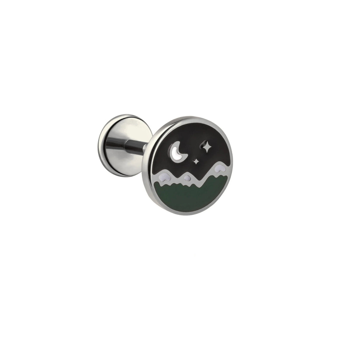 Titanium and enamel flat back stud earring with moon, stars, and mountain silhouette design on a black background.