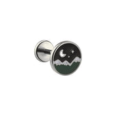 Titanium and enamel flat back stud earring with moon, stars, and mountain silhouette design on a black background.