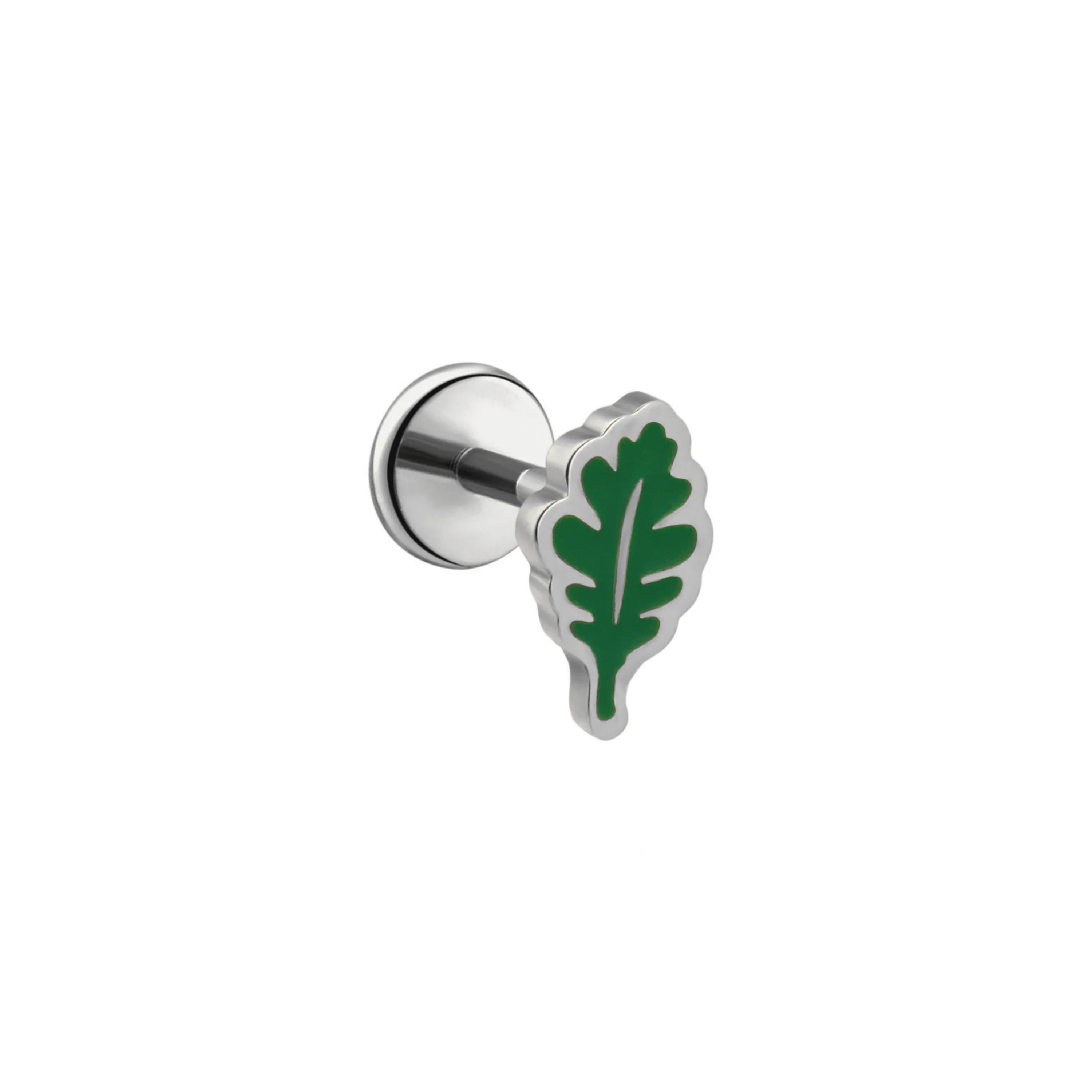 Silver-colored earring with green oak leaf design on a white background