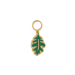 Green oak leaf-shaped hoop charm with gold outline on a white background