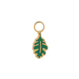 Green oak leaf-shaped hoop charm with gold outline on a white background