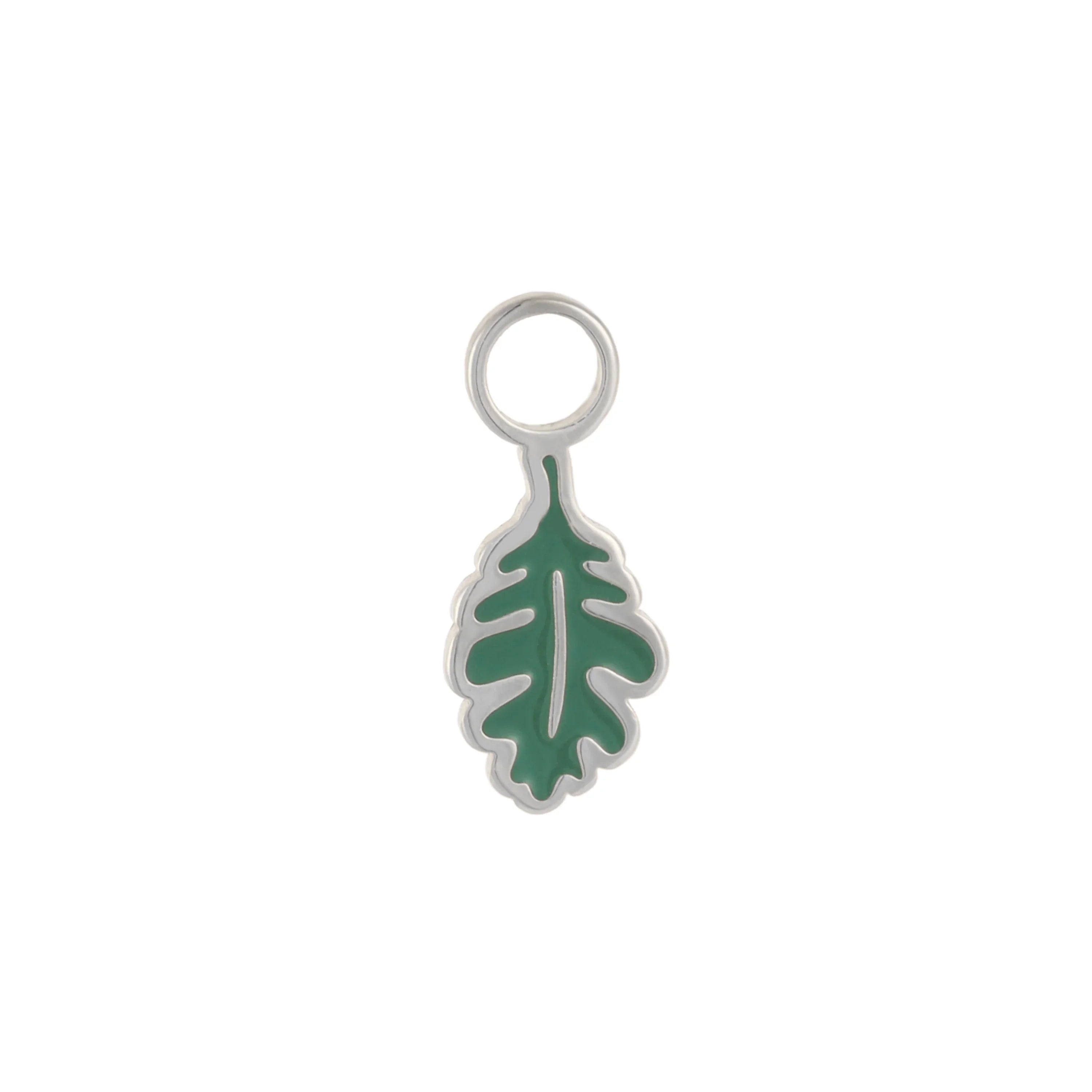 Silver and green oak leaf-shaped hoop charm with gold outline on a white background
