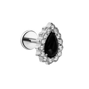 Silver titanium labret earring with a black onyx teardrop gem and clear stones surround on a white background