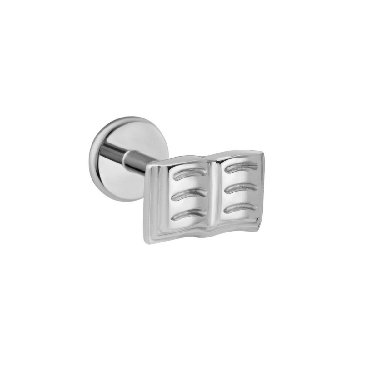 Titanium silver flat back stud that depicts and open book with lines on the pages. Against a white background.