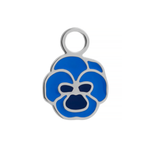 Silver and blue enamel pansy hoop charm on a white background.