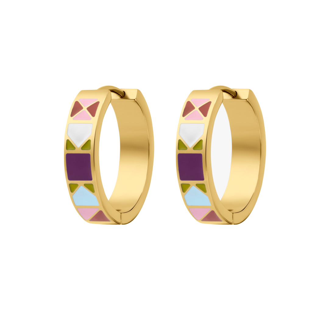 A close up of a hoop earring made from 18k gold-plated titanium metal, with geometric colored patterns that are reminiscent of quilt blocks in pinks, purple, blue, and green on a white background.