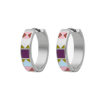 A close up of a hoop earring made from titanium metal, with geometric colored patterns that are reminiscent of quilt blocks in pinks, purple, blue, and green on a white background.