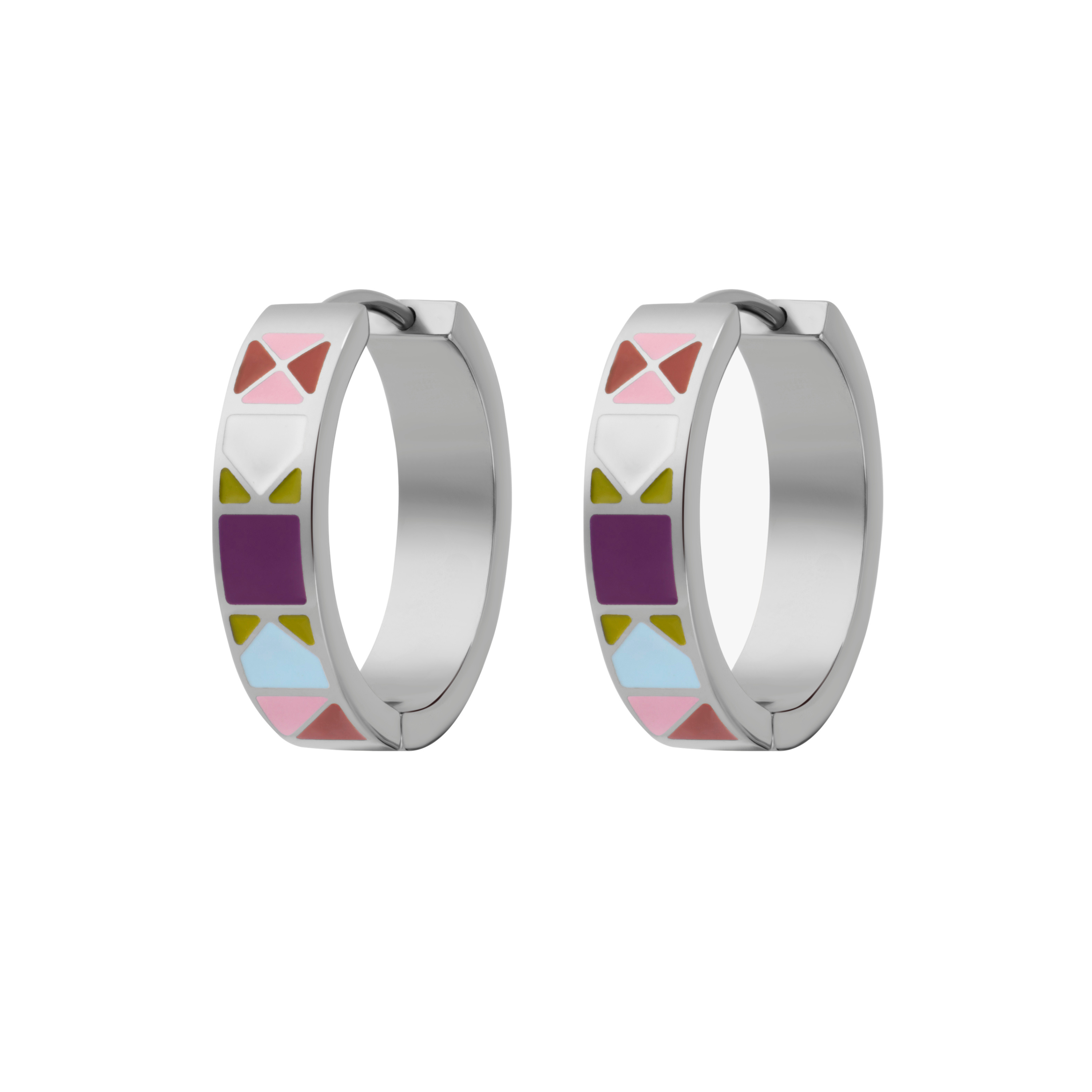 A close up of a hoop earring made from titanium metal, with geometric colored patterns that are reminiscent of quilt blocks in pinks, purple, blue, and green on a white background.