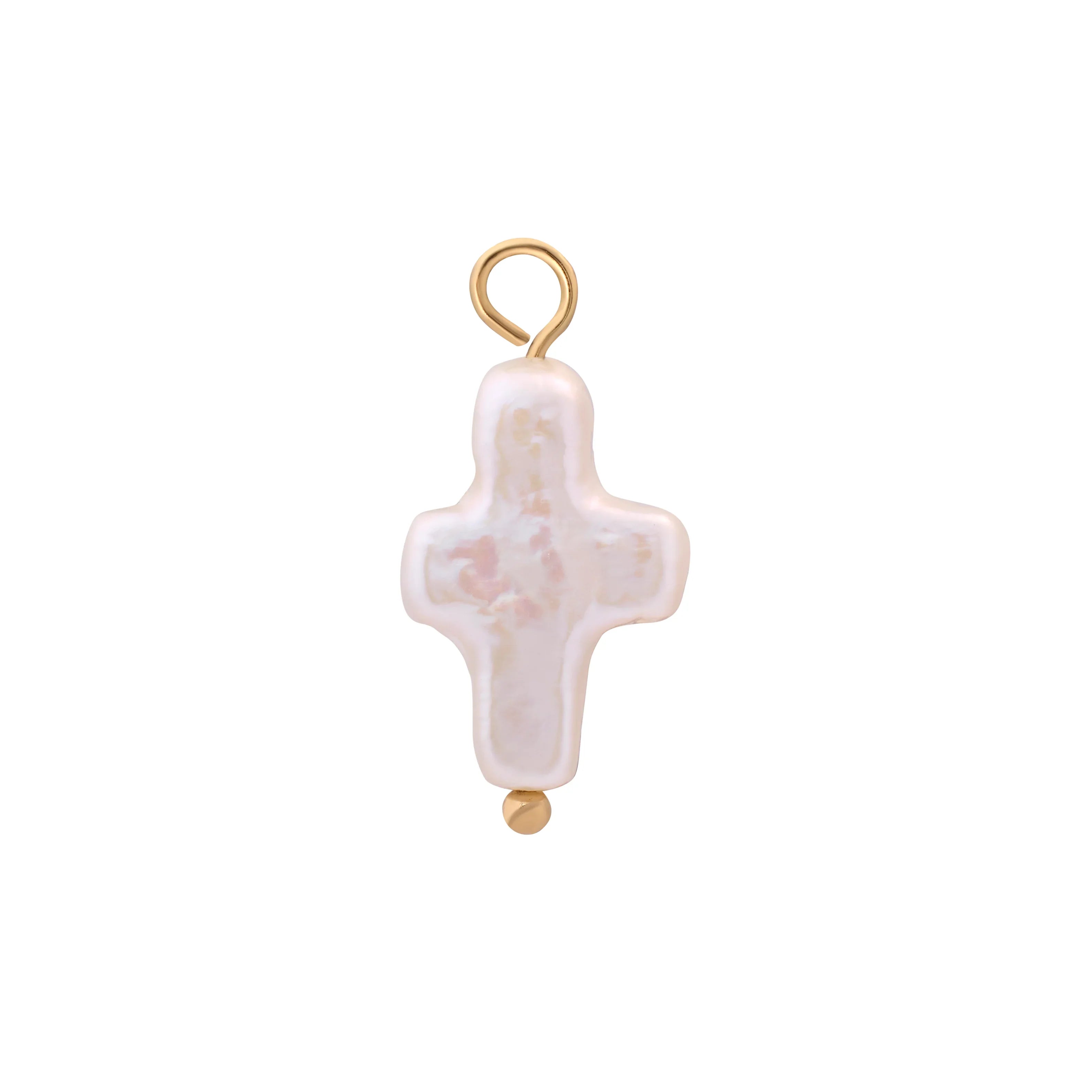 Cross-shaped freshwater pearl hoop charm with gold accents on a white background