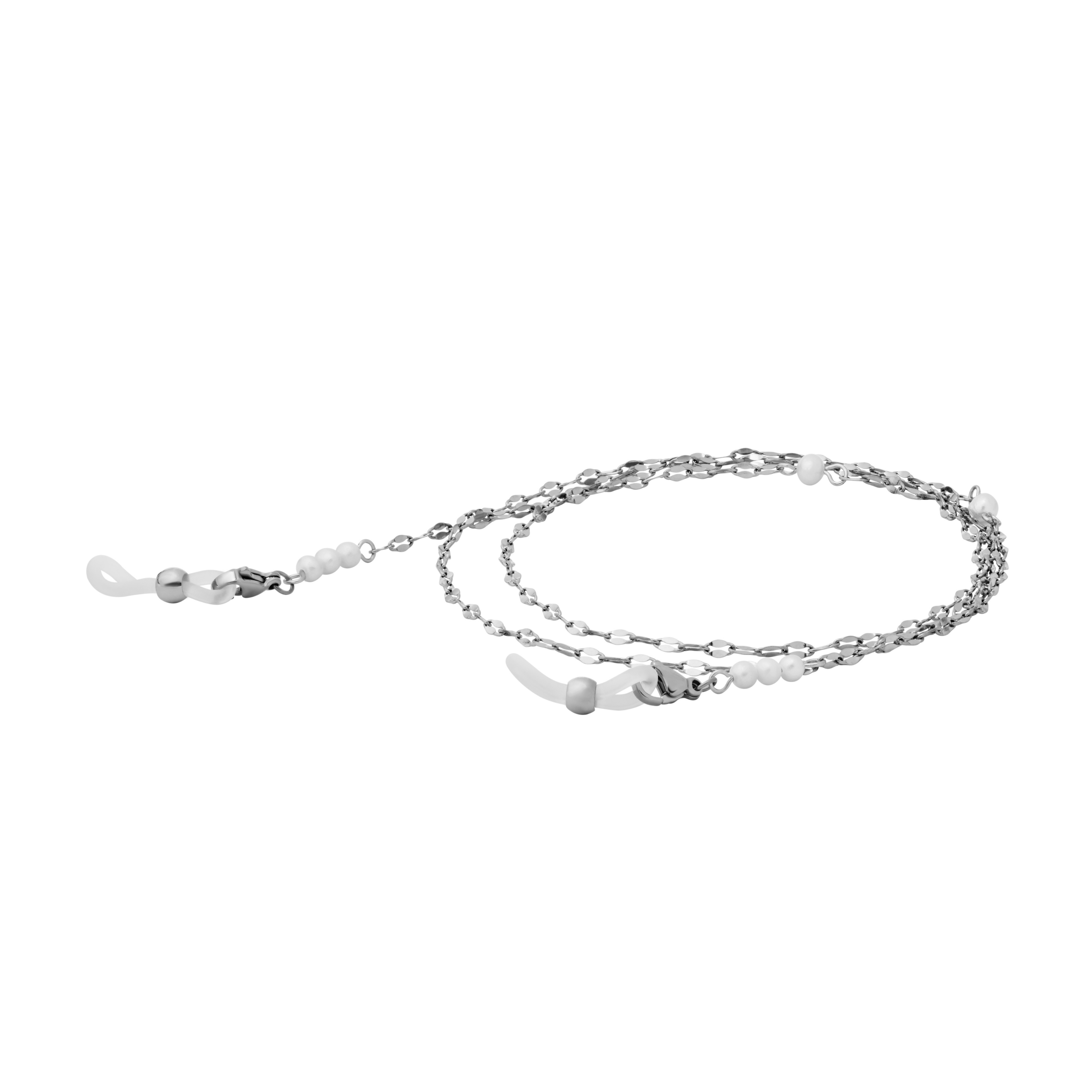 A coiled silver glasses chain with freshwater pearl beads and silicone loops on the end on a white background.