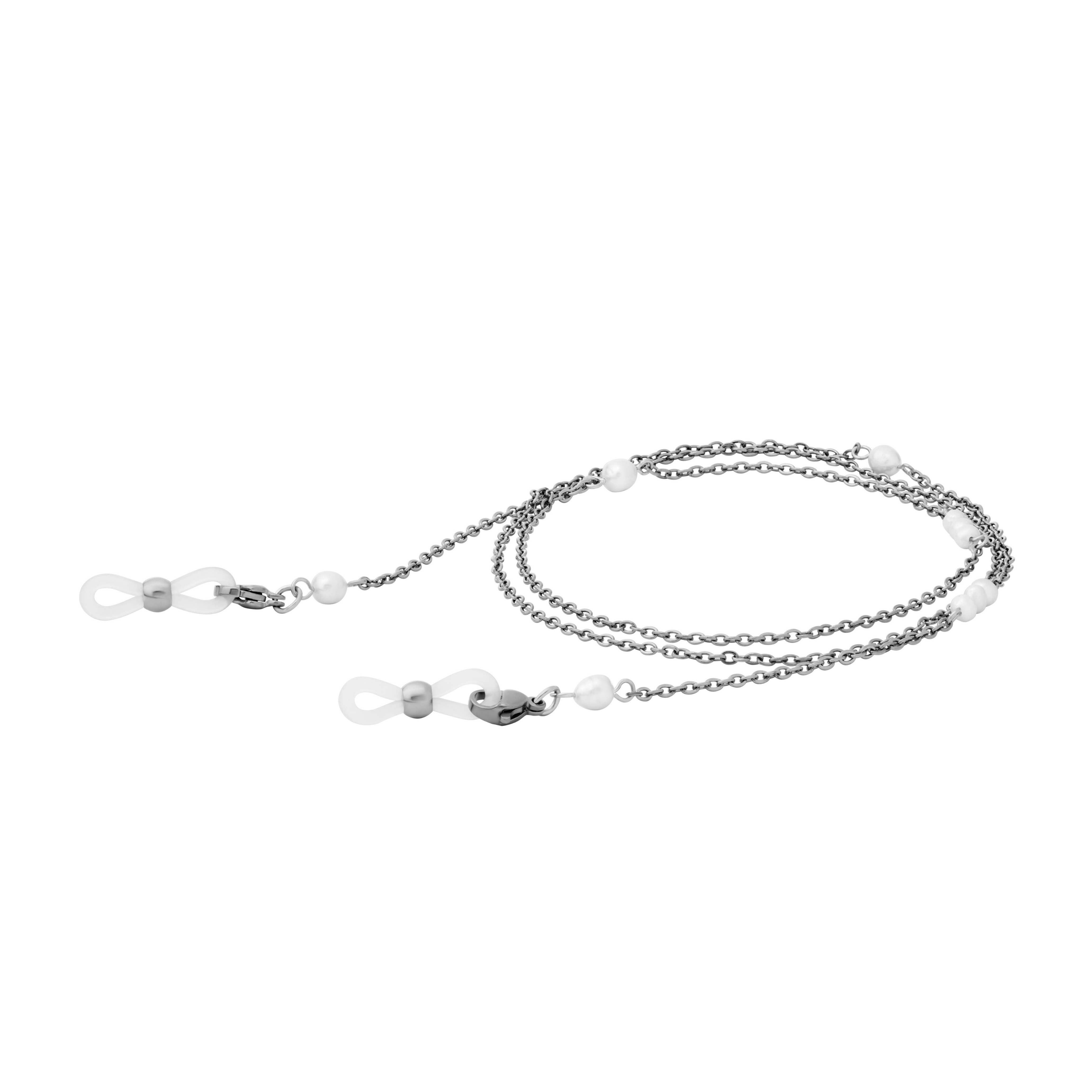 A coiled silver glasses chain with freshwater pearl beads and silicone loops on the end on a white background.