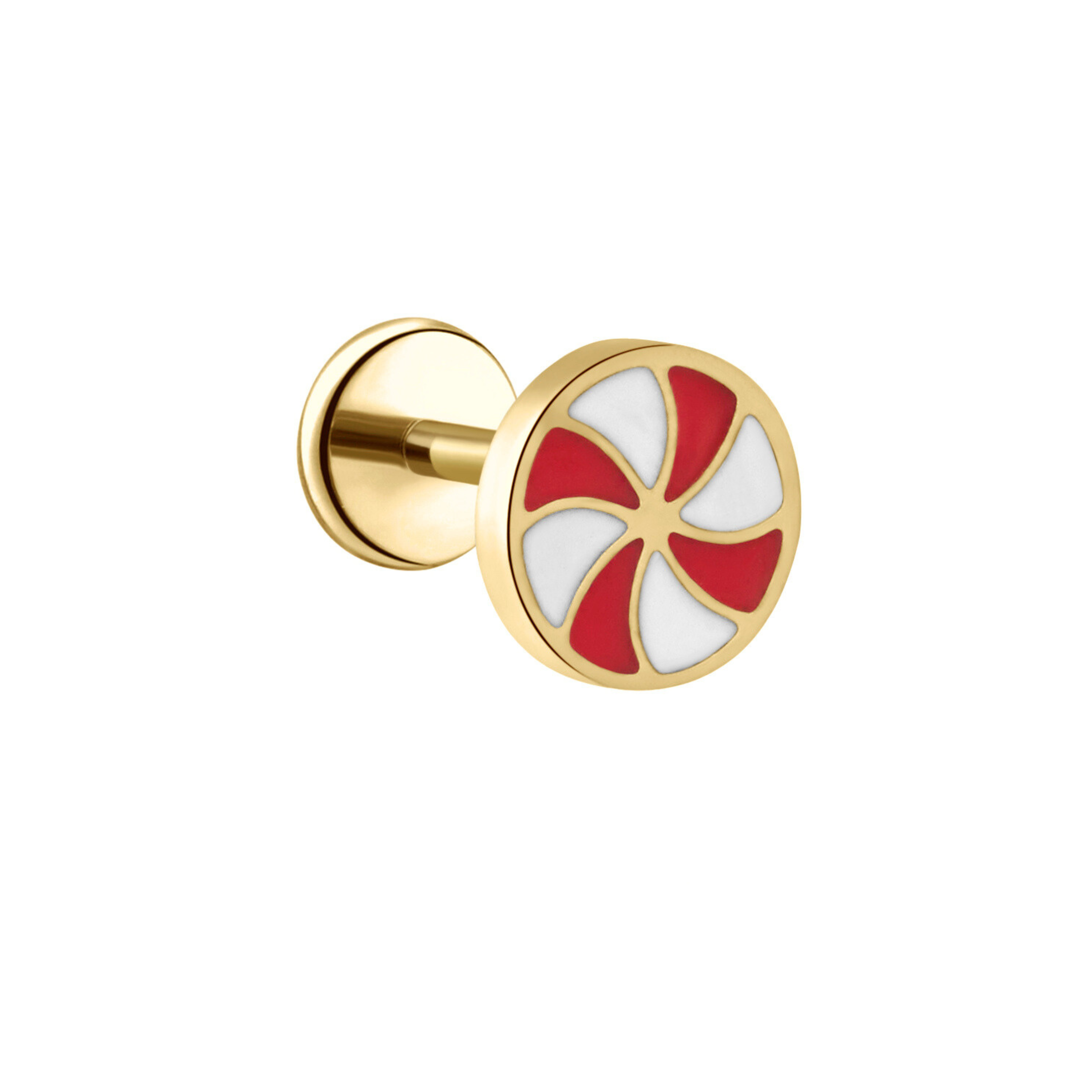 Gold earring with red and white design on a white background
