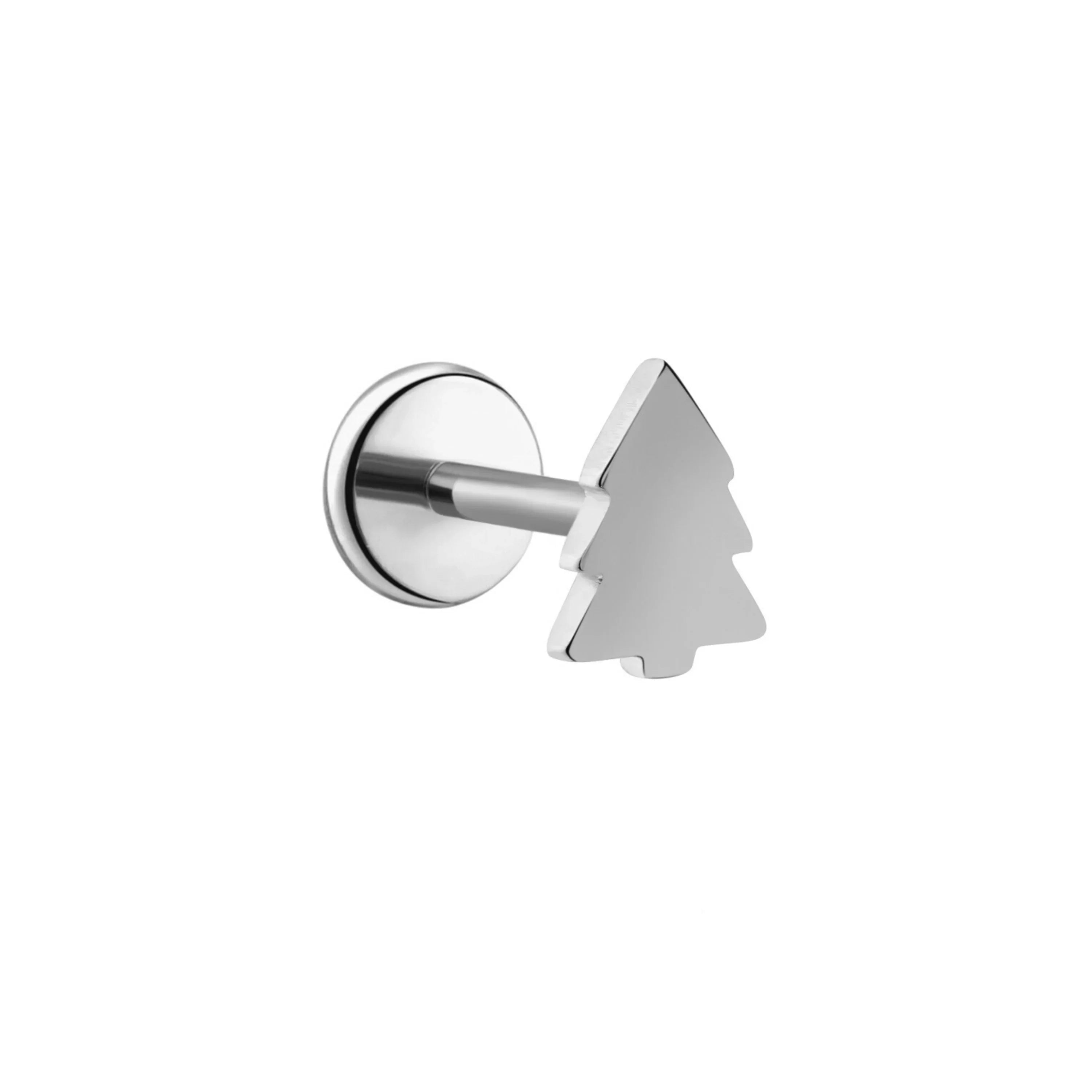 Silver pine tree-shaped flat back stud earring on a white background.