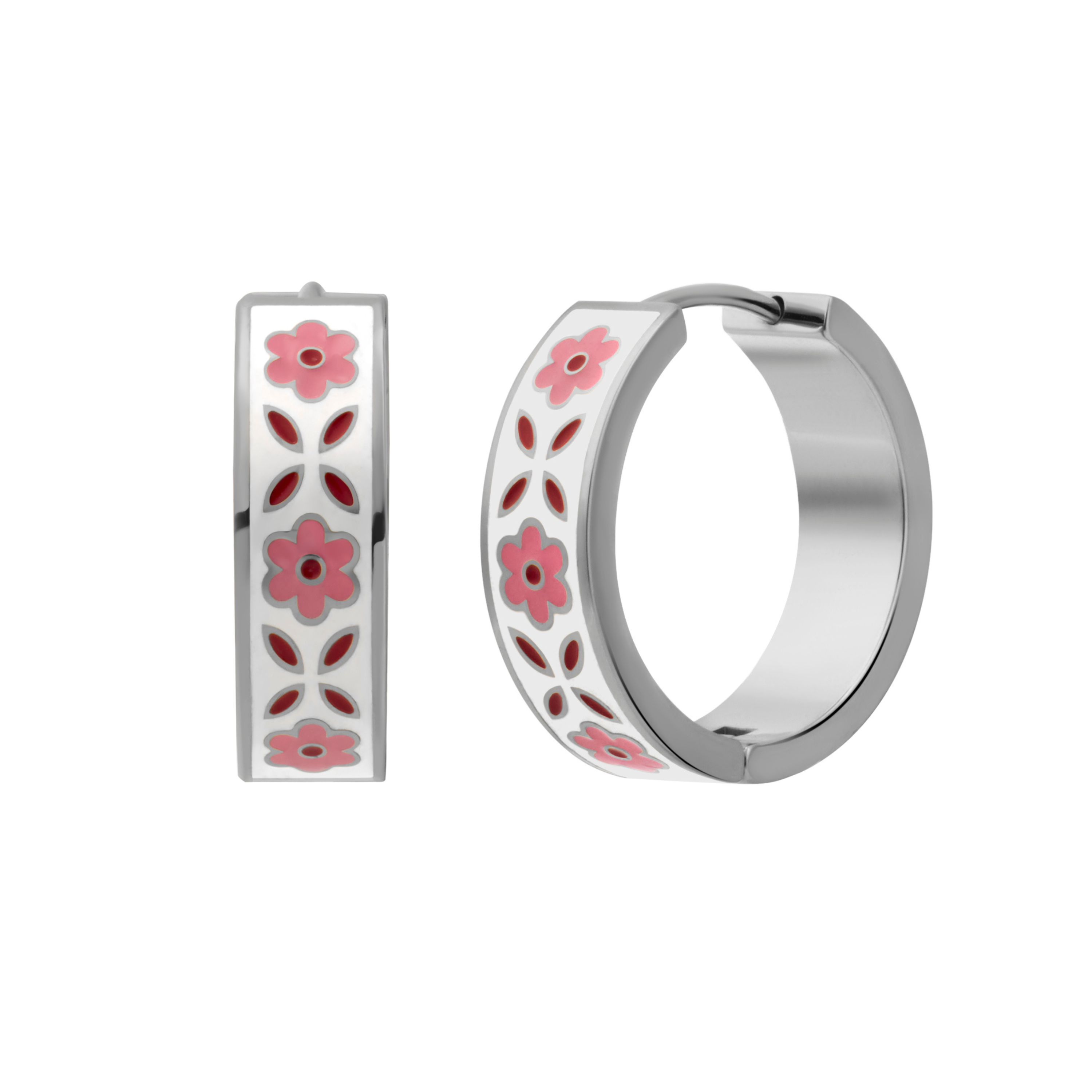 A close up of a hoop earring made from titanium metal, with folk-art style floral patterns in pink, dark pink, and white enamel, on a white background.