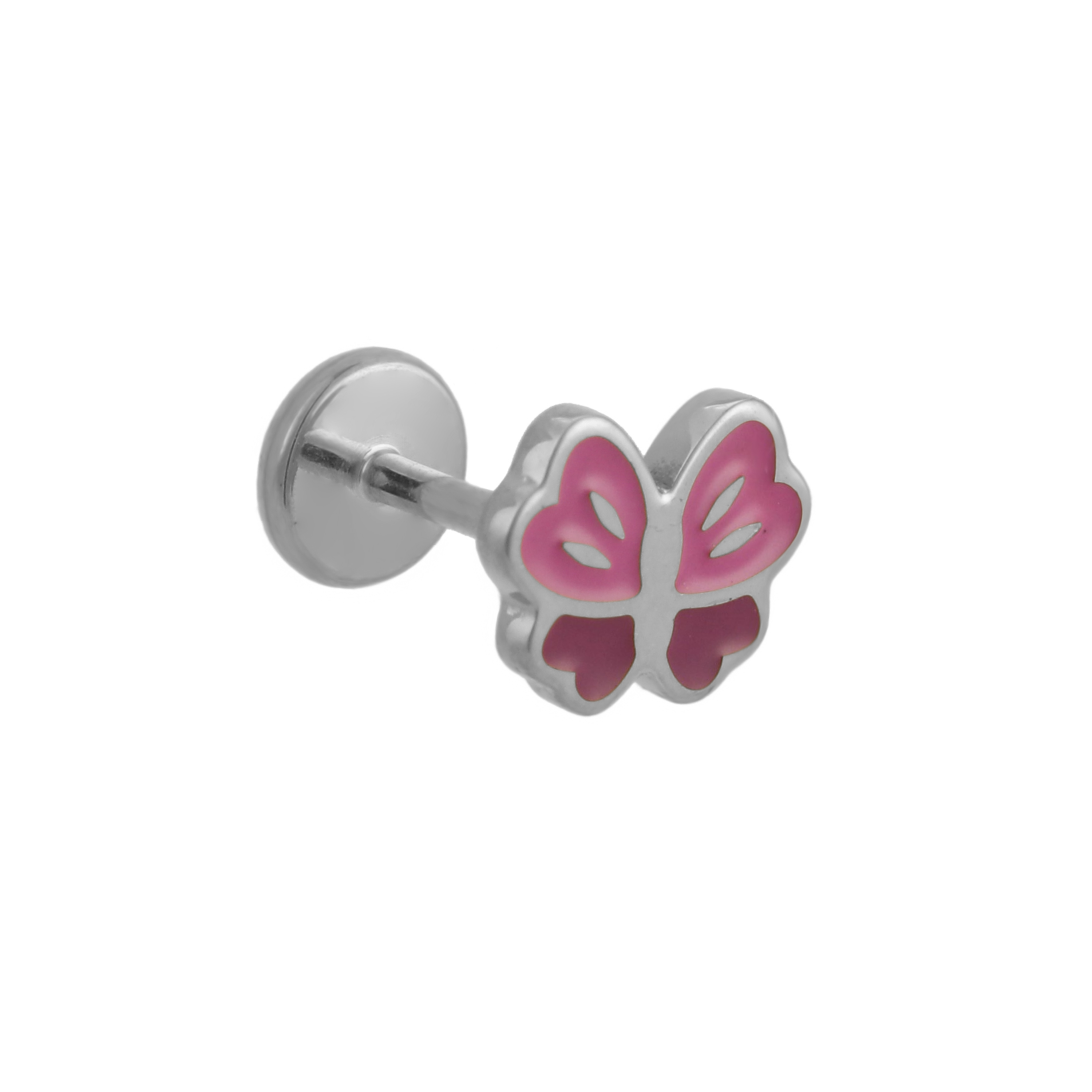 Titanium butterfly-shaped flat back stud earring with pink enamel on a white background