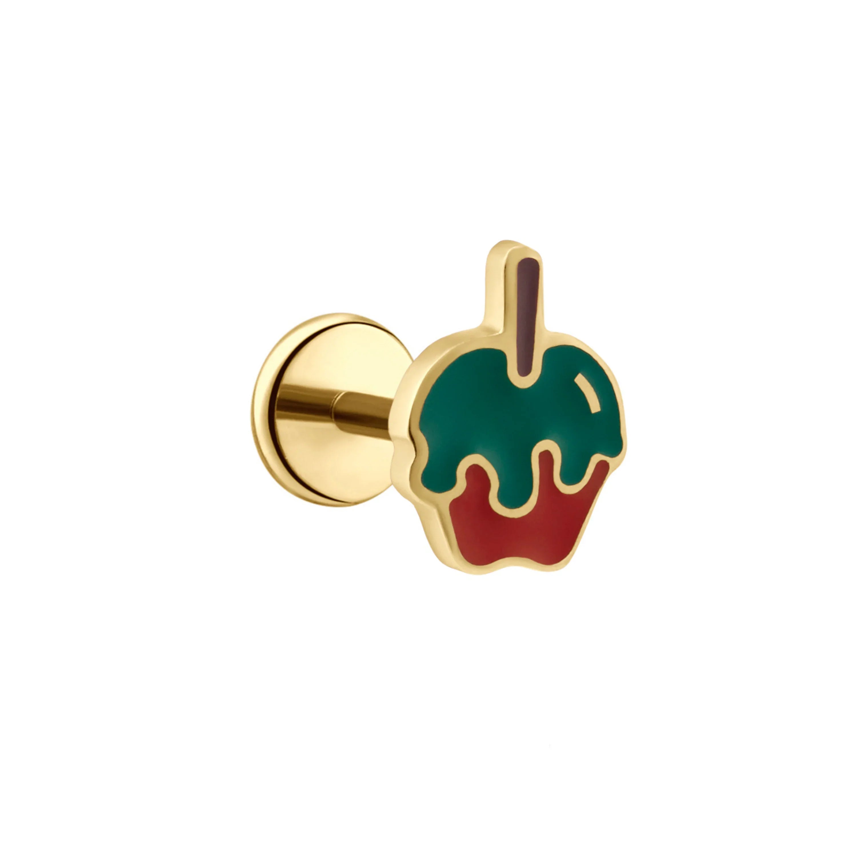 Gold and enamel flat back stud shaped like a bright red apple on a stick with green poison good coated over the top.