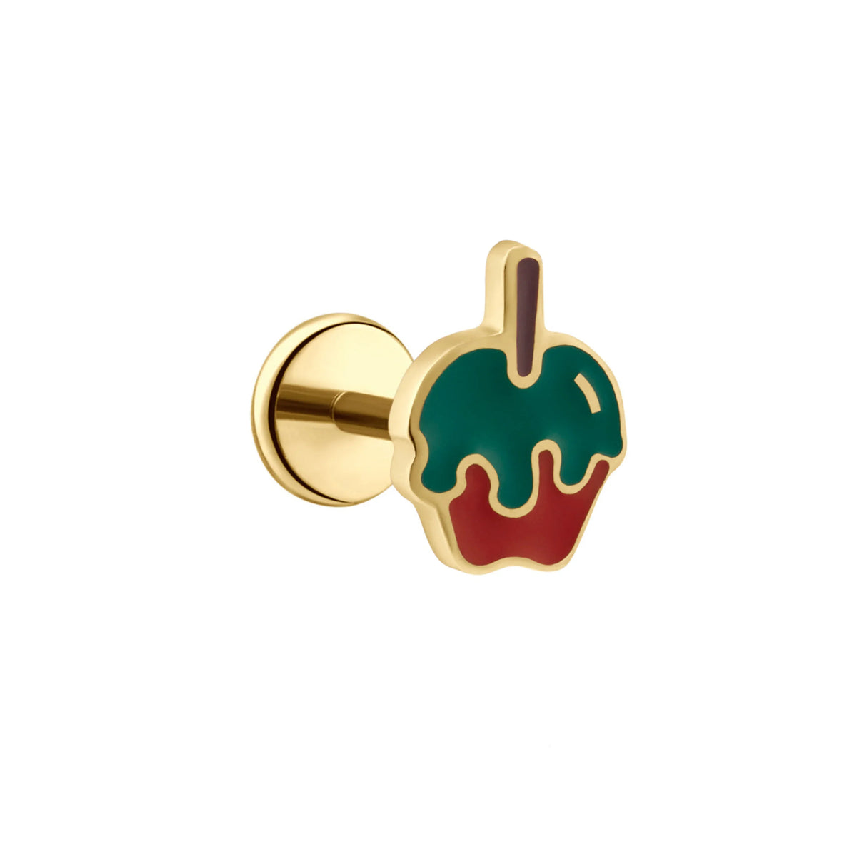 Gold and enamel flat back stud shaped like a bright red apple on a stick with green poison good coated over the top.